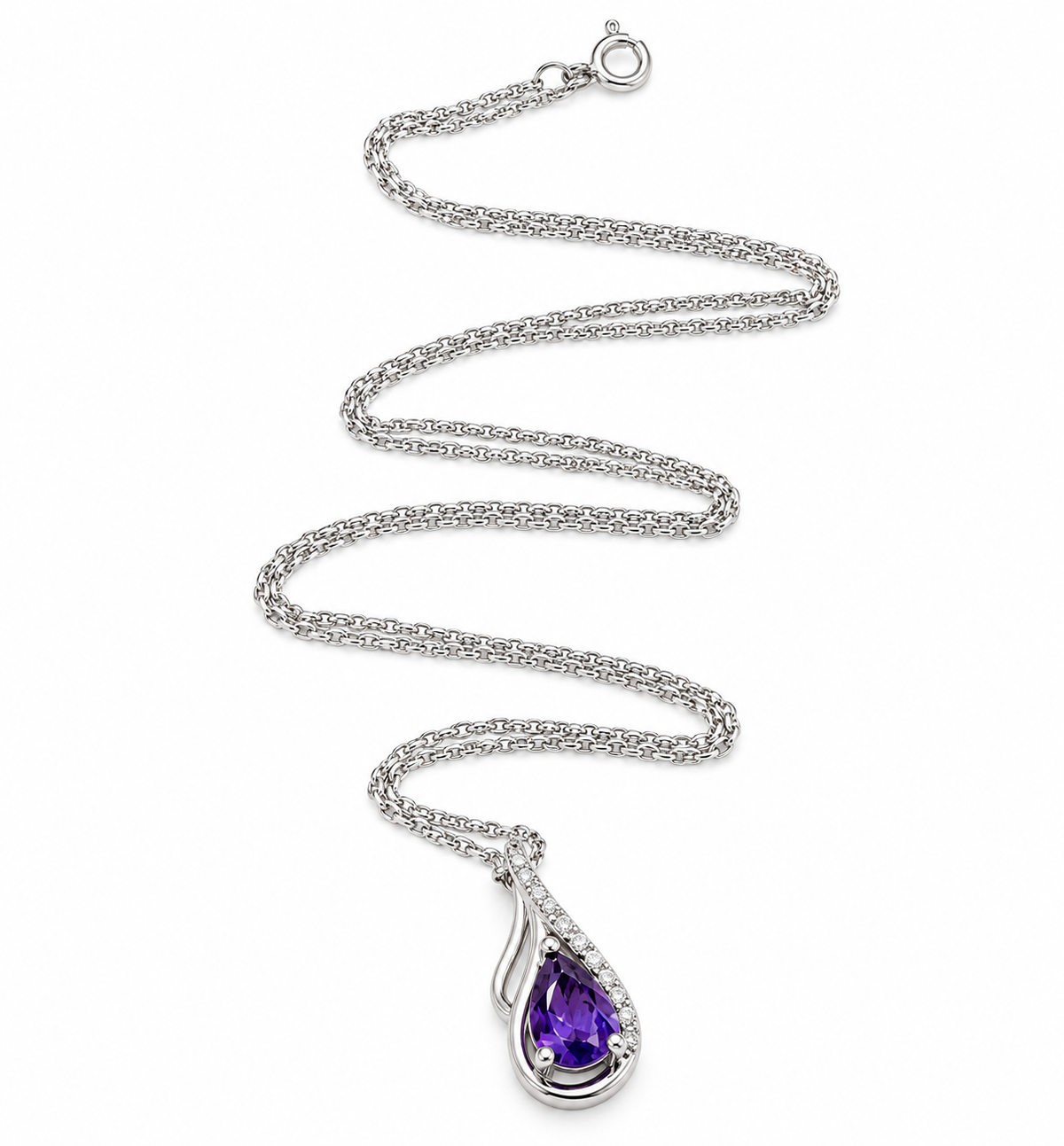 Estate 14k White Gold Diamond & Amethyst Gemstone Swirl Pendant Necklace featuring a pear-shaped amethyst and diamonds.