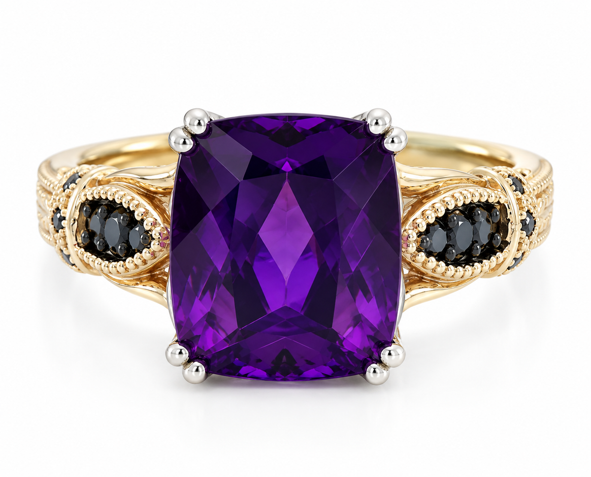 A yellow gold ring with a large cushion-cut purple amethyst center stone and small black accent stones on the shoulders, set against a clean white background.