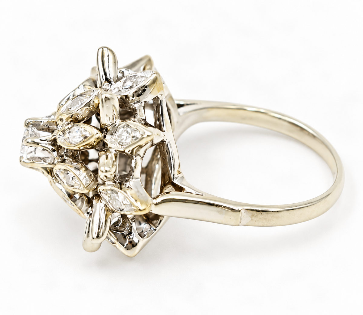 Estate 14k White Gold Diamond Cluster Flower Starburst Ring featuring a starburst design with marquise and round diamonds.