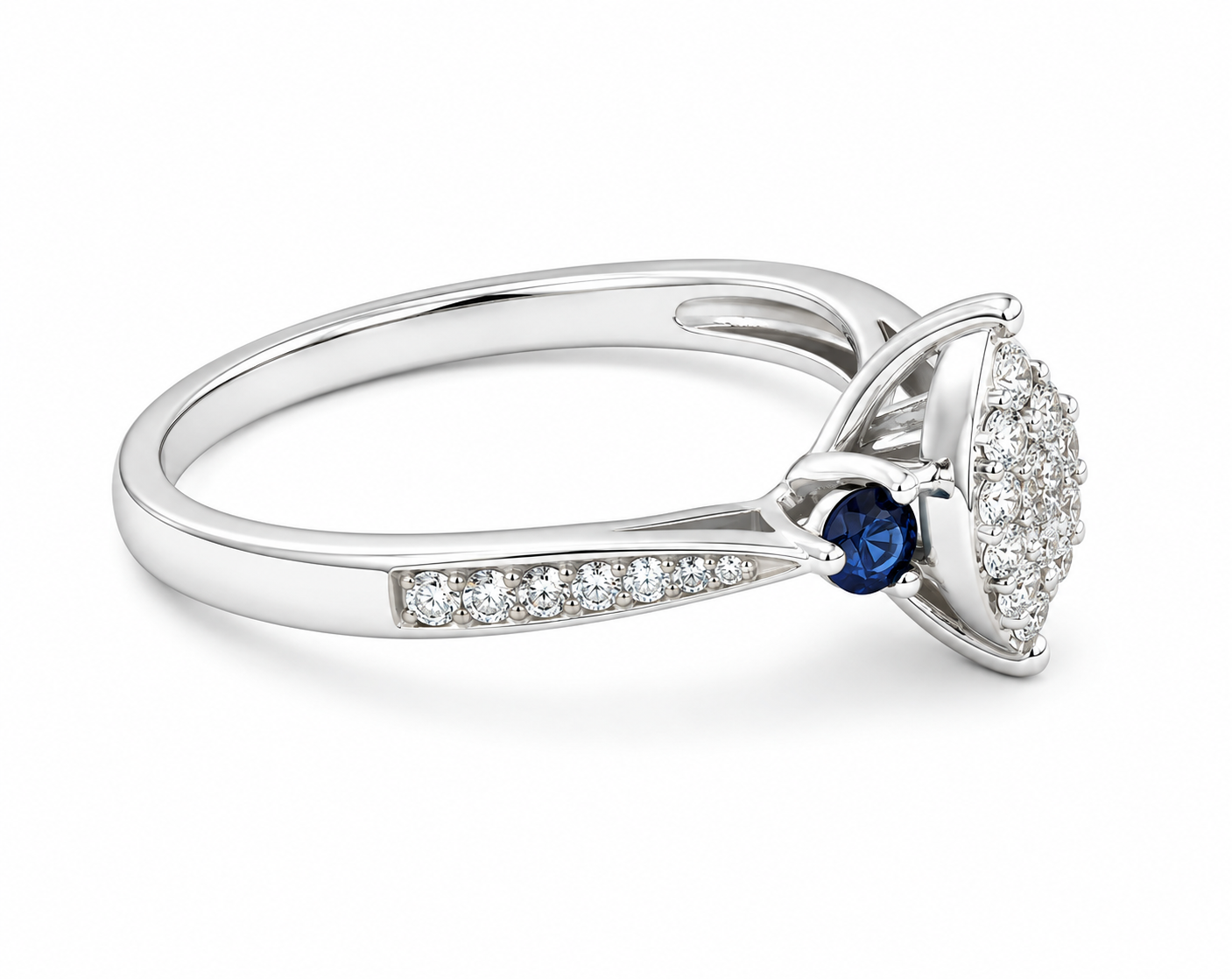 A white gold diamond ring with a marquise-cut diamond cluster, a round blue sapphire center stone, and a pavé band with small clear diamonds, shown on a white background.
