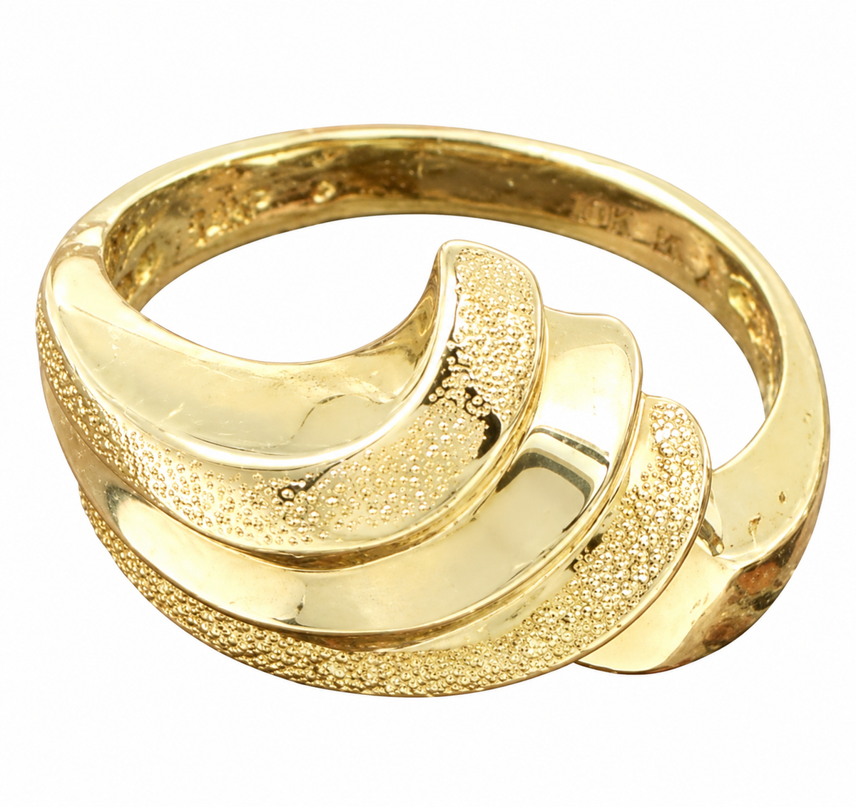 Estate 14k Yellow Gold Textured Swirl Ring featuring a swirling, layered design with textured and polished finishes.
