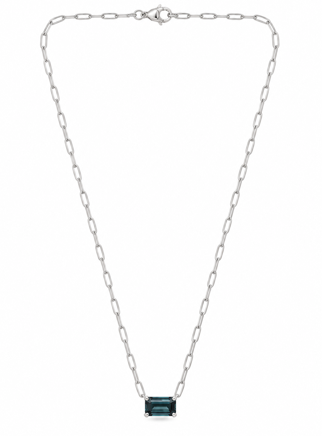 Roman & Jules 14K White Gold Green Sapphire Paperclip Necklace with a rectangular gemstone pendant.