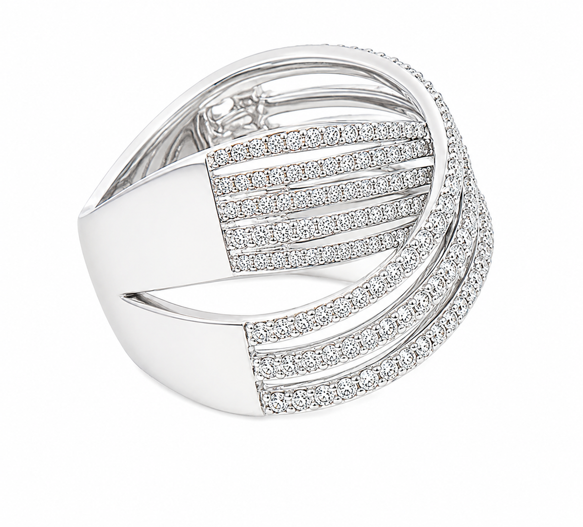 Venetti 18K Criss Cross Multi-Row Diamond Band: overlapping, resizable silver bands—perfect for custom jewelry fans.