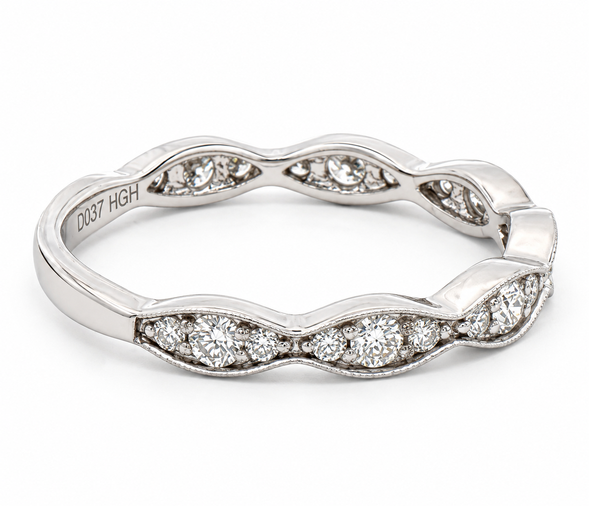 Kent Island Jewelry 14K White Gold 0.37 CTW Diamond Stackable Wave Band shown on a white background.