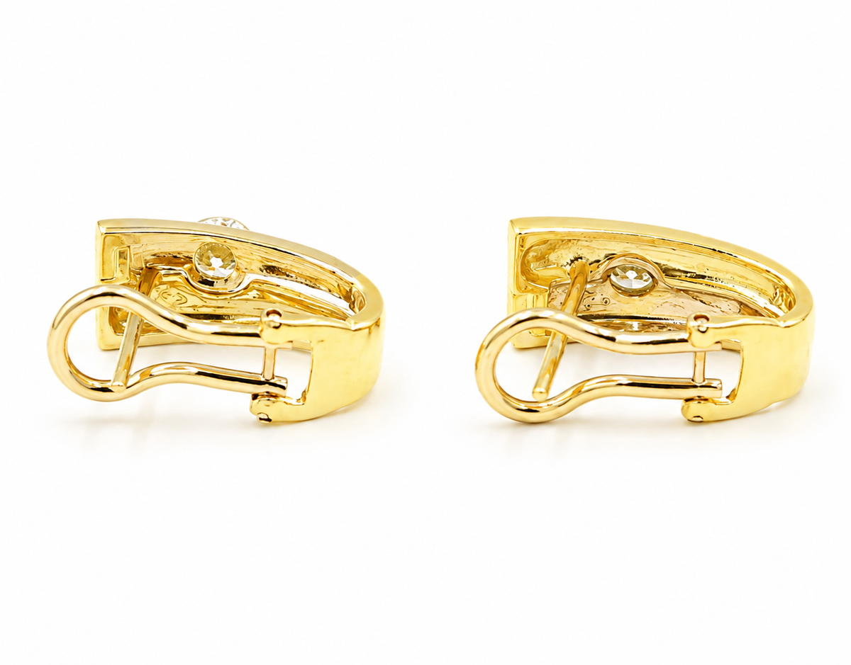 18k Yellow & White Gold Diamond Omega Back Hoop Earrings with small inset diamonds and omega back closures.