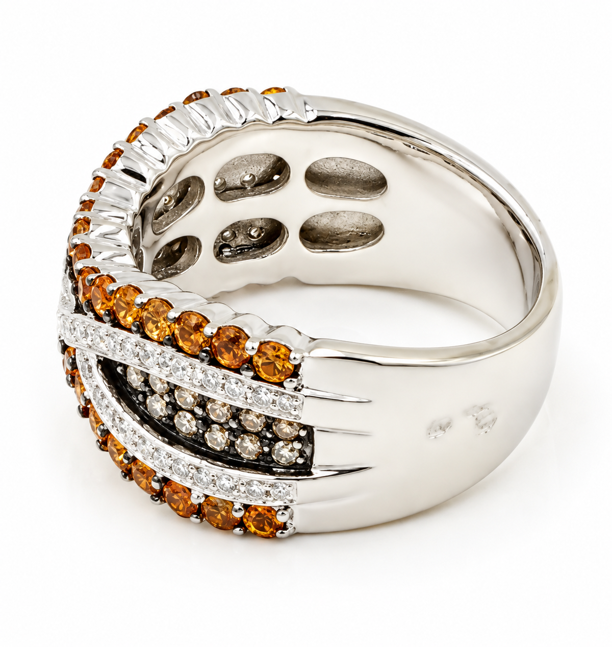 Estate 14k White Gold White & Chocolate Diamond & Citrine Intertwined Ring with bands of citrine and diamonds.
