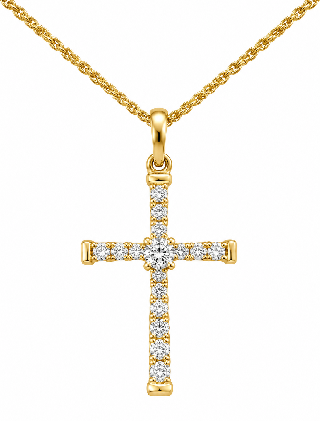 A gold cross pendant necklace adorned with clear pavé gemstones, suspended from a gold chain against a plain white background.