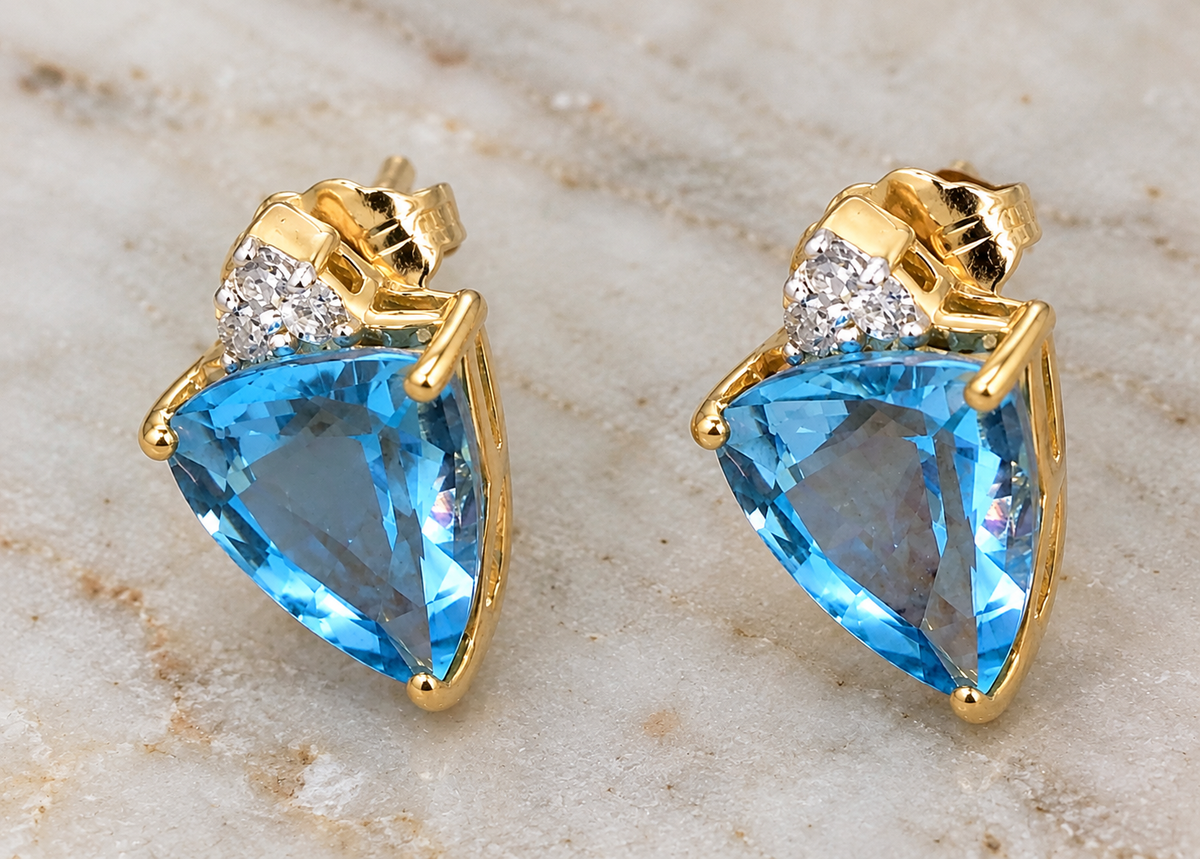Estate 10k Yellow Gold Diamond & Topaz Gemstone earrings featuring triangle-cut blue topaz in yellow gold with diamonds.
