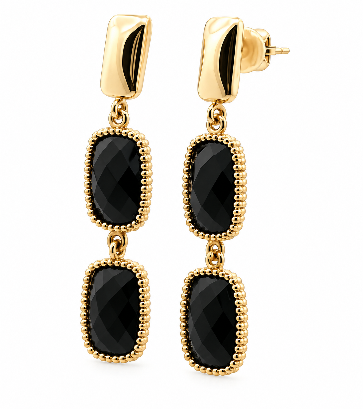 Kent Island Jewelry Estate 14K gold beaded bezel onyx drop earrings shown on a white background.