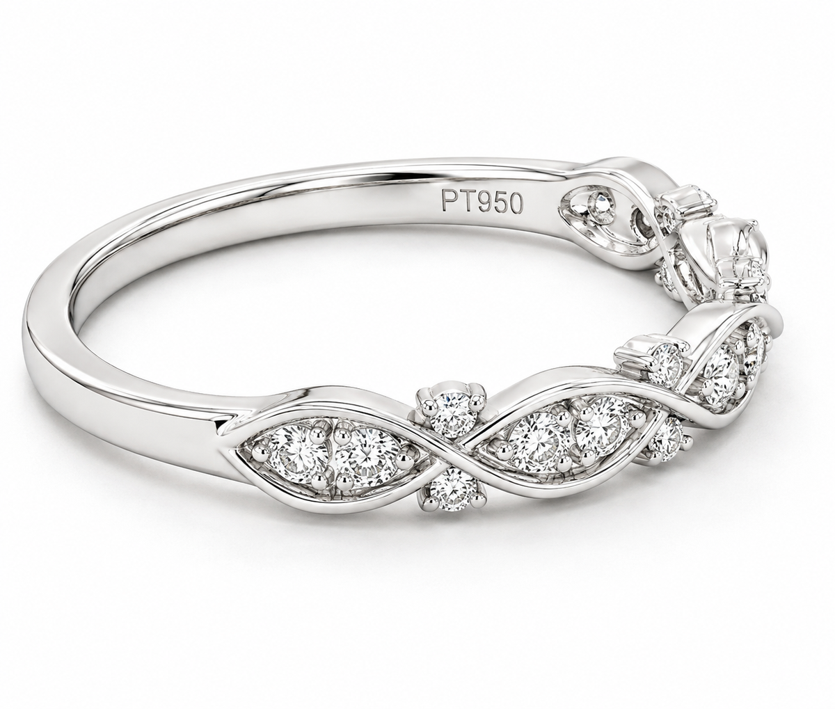 GBC Inc Platinum Diam Ring: marquise infinity design, round diamonds, PT950 stamped band.