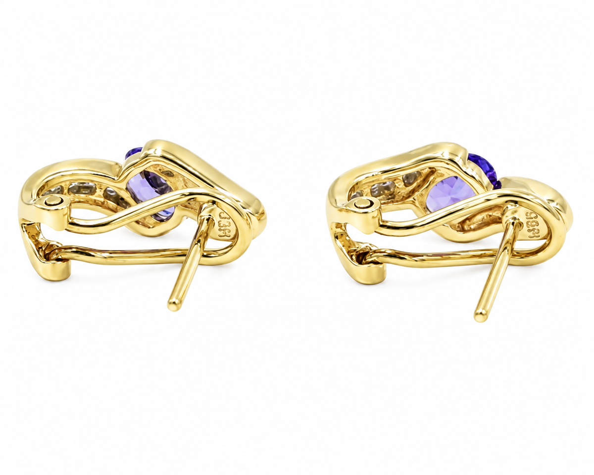 Estate 14k Yellow Gold B&M Diamond & Fire Opal Purple Gemstone Omega Back Earrings with a purple stone and diamonds.
