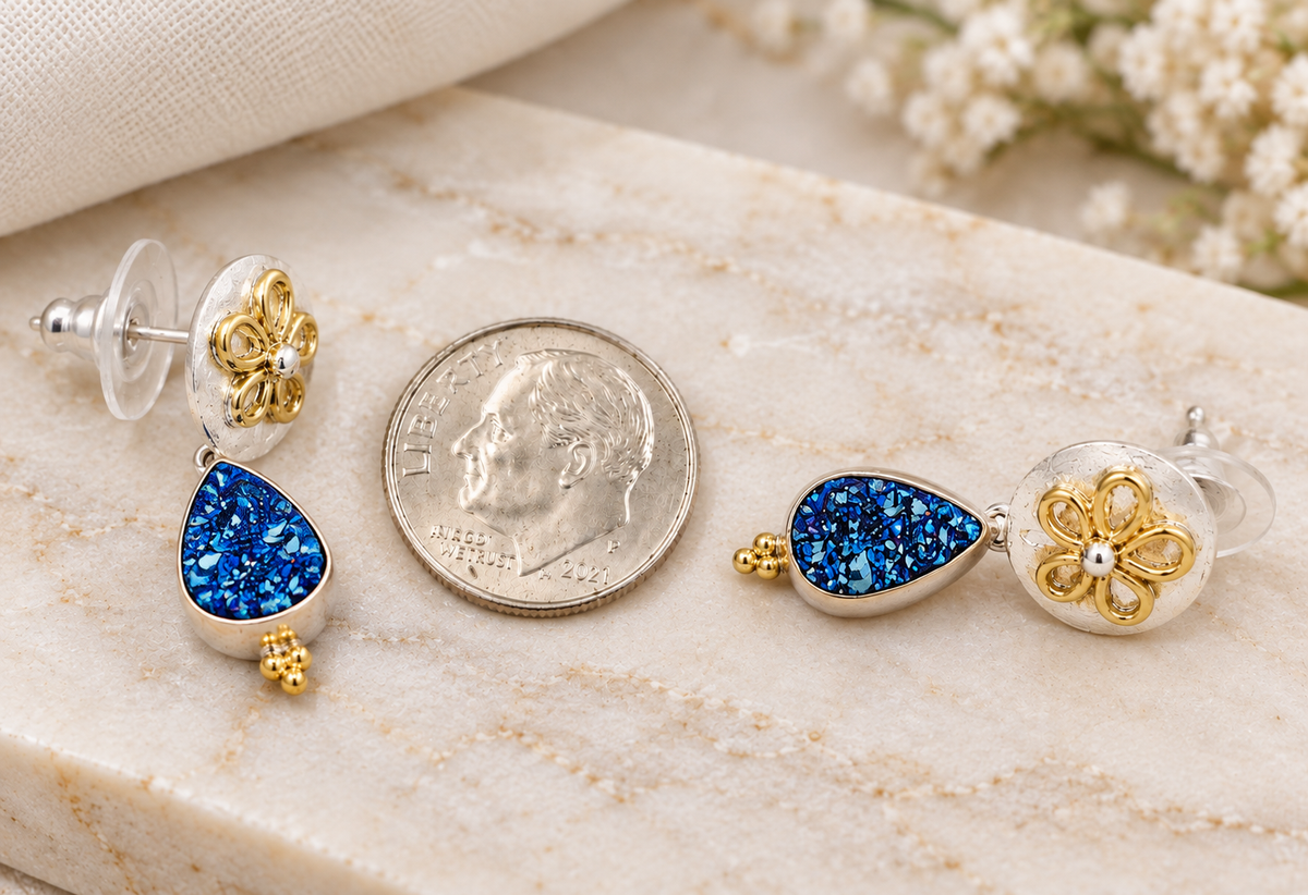 Estate 22k Yellow Gold & Sterling Michou Druzy Gemstone Sand Dollar Dangle earrings next to a US dime for scale.