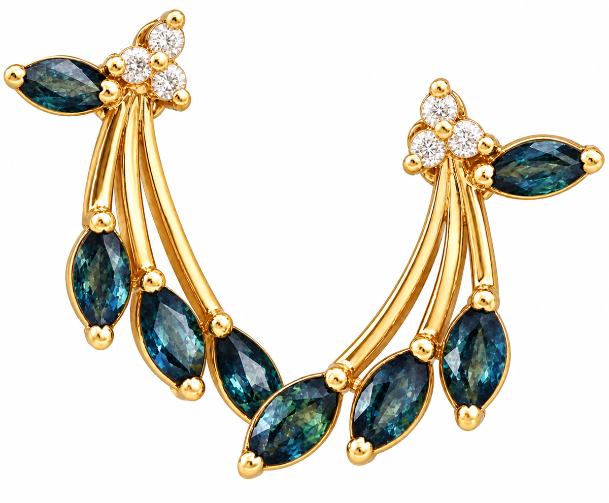 Kent Island Jewelry Estate 14k Yellow Gold Diamond & Sapphire Gemstone Dangle/Drop earrings with marquise blue sapphires.
