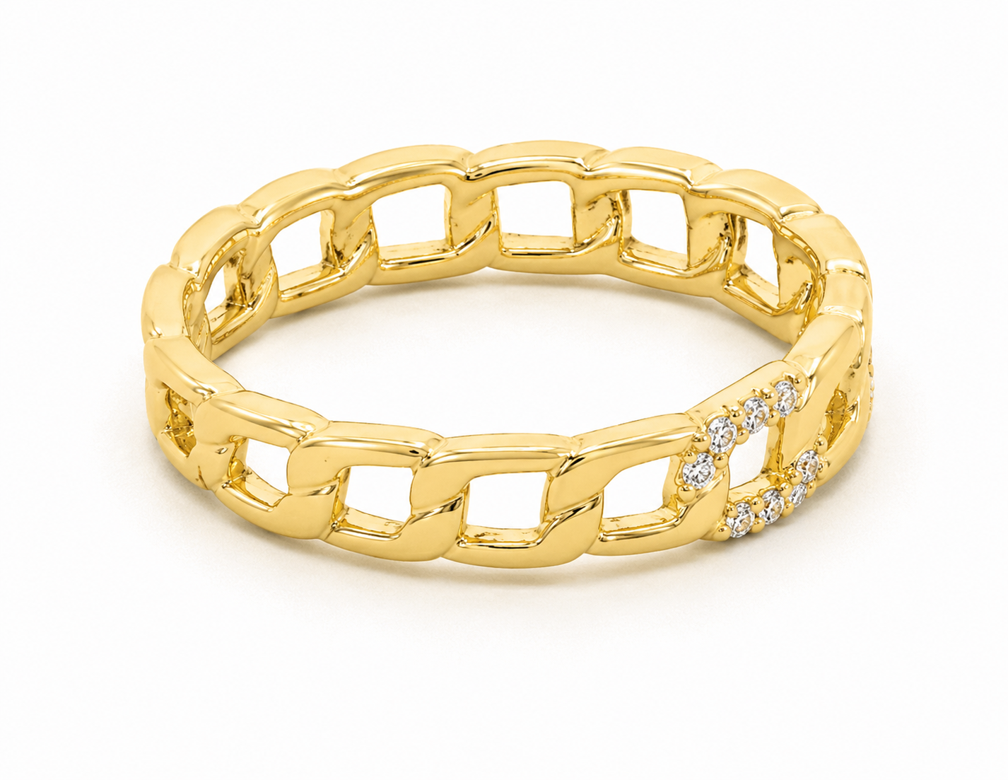 Roman & Jules 14K Yellow Gold Chain Link Ring with clear diamonds, shown on a white background.