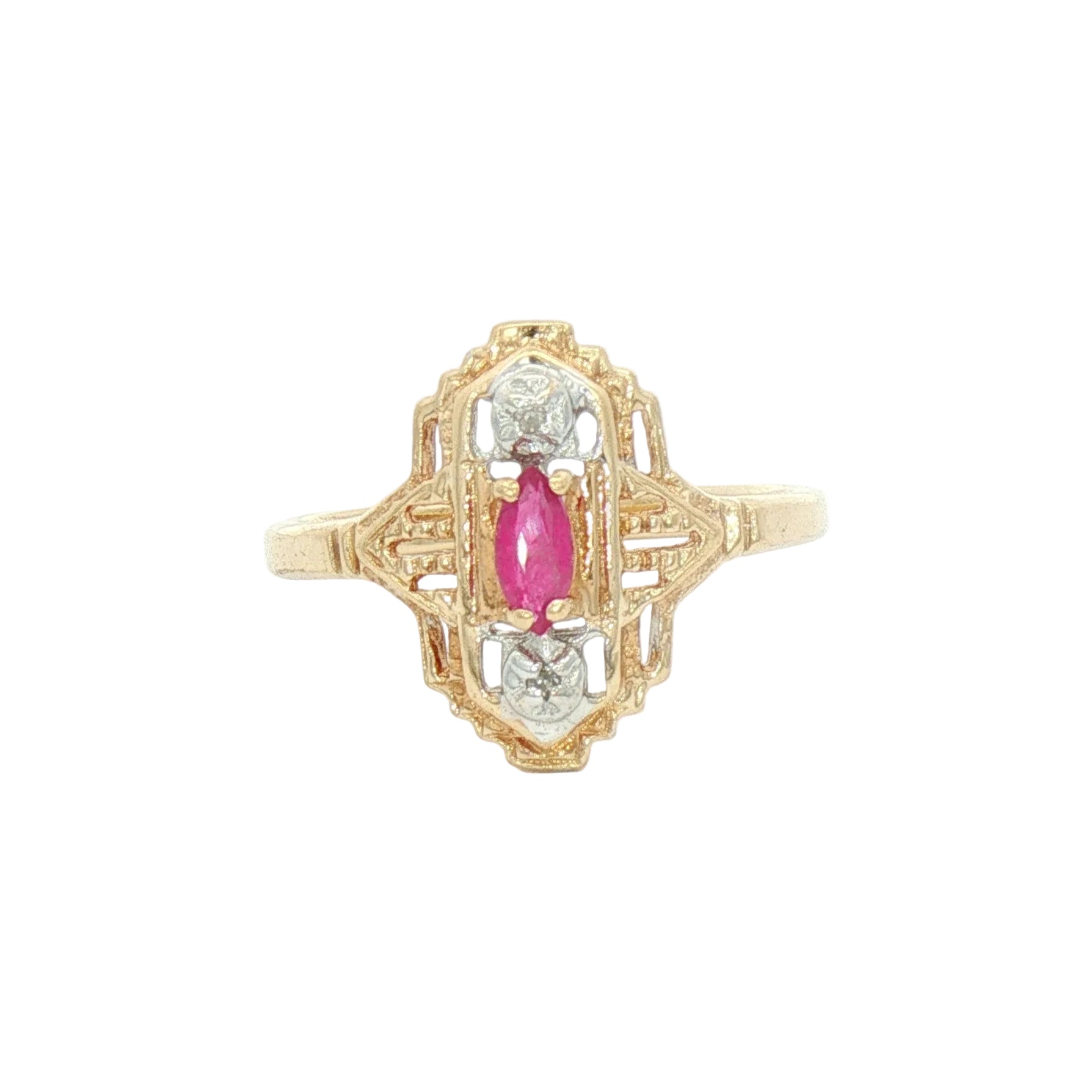 A vintage-style Art Deco gold ring featuring a central marquise-cut pink ruby and diamond accents on a yellow gold band.