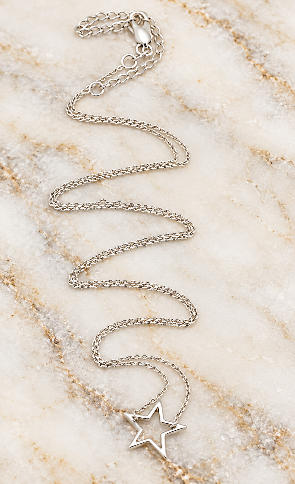 Estate 14k White Gold Designer Midas Open Star Cable Chain Necklace featuring a 14K white gold star on a cable chain.