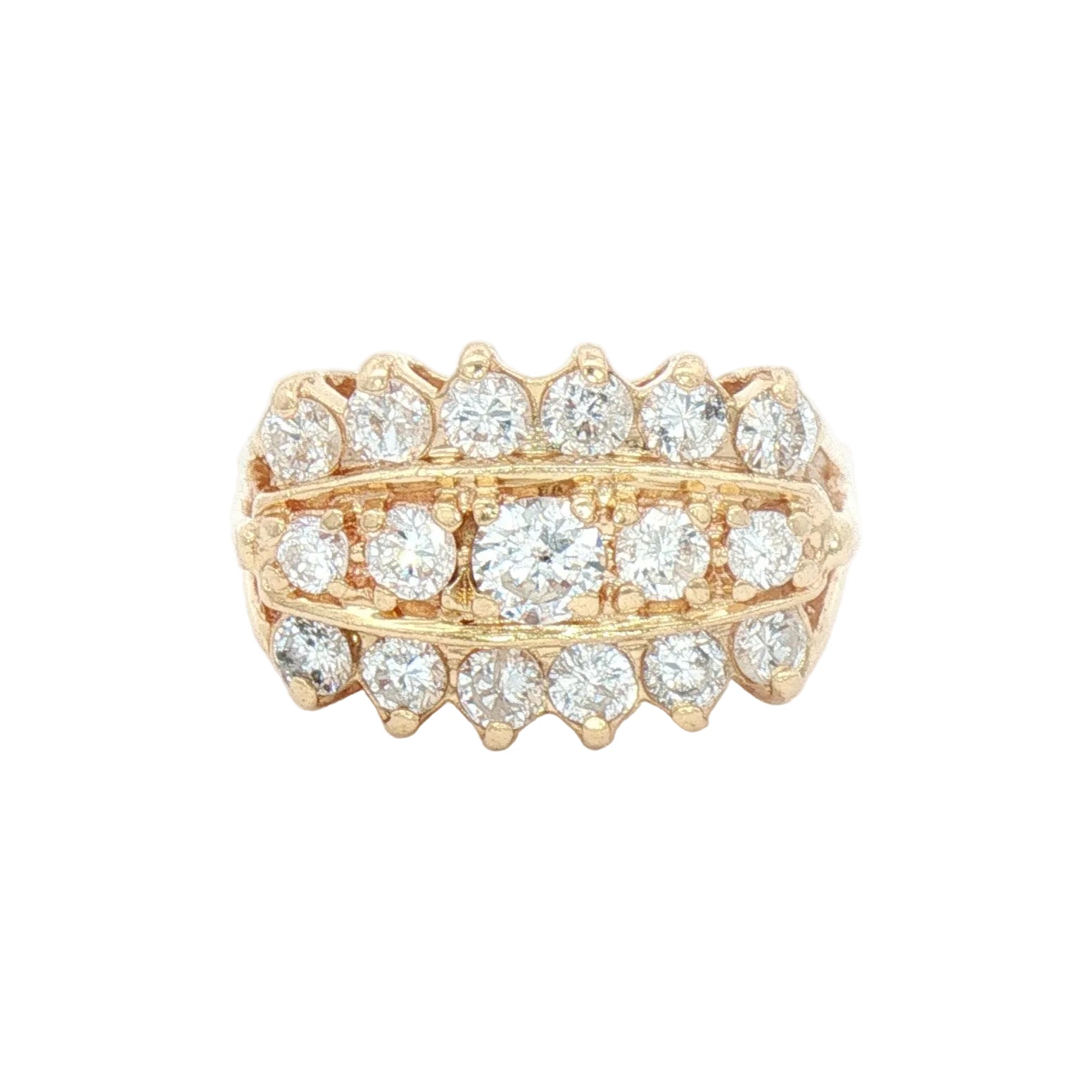 A yellow gold triple-row diamond band ring with round-cut stones.