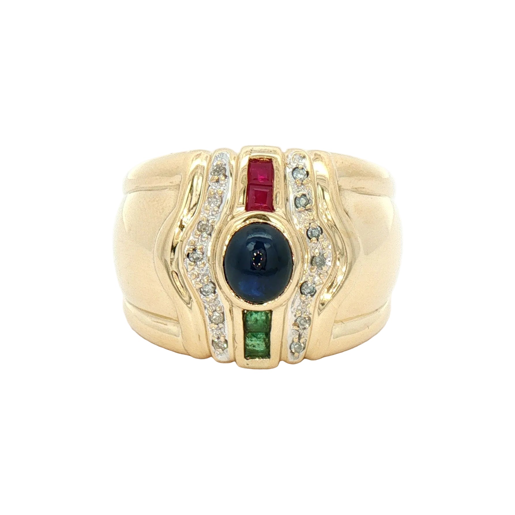 A yellow gold ring with a multi-colored gemstone centerpiece featuring a dark blue oval stone, a red rectangular stone, and a green rectangular stone, flanked by rows of small clear stones.