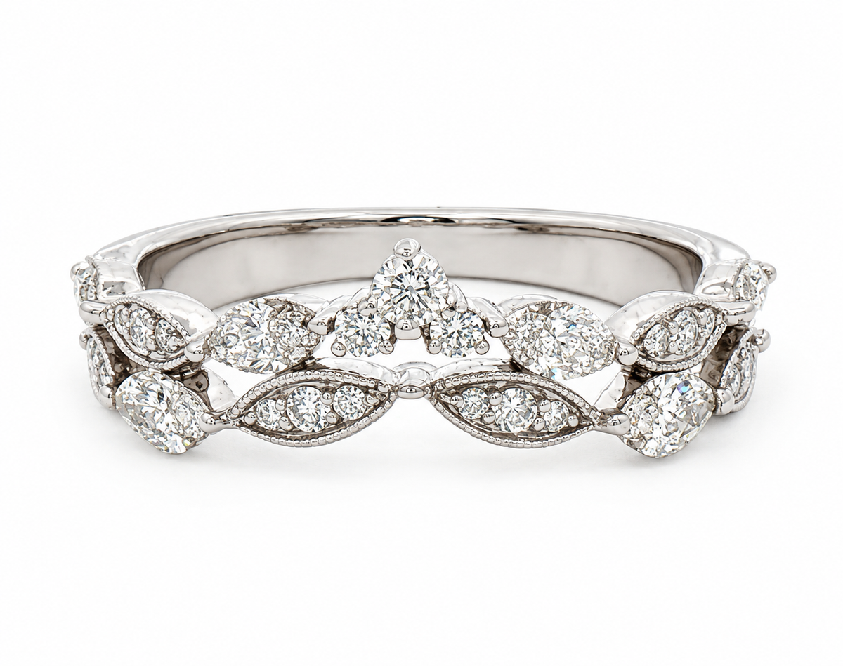 Kent Island Jewelry 14K White Gold 0.75 CTW Vintage-Inspired Diamond Ring with marquise and round stones.