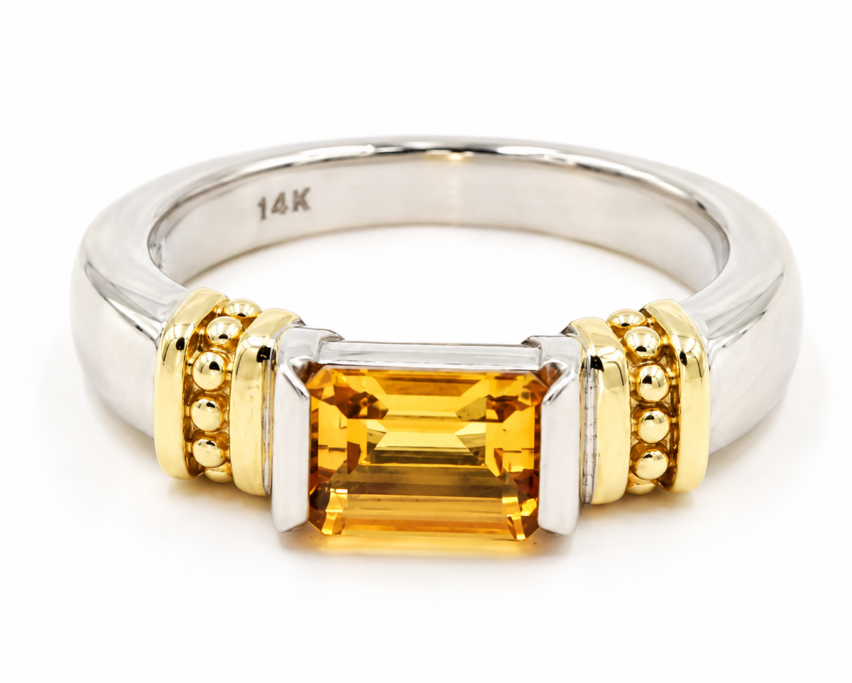 Estate 14k Yellow & White Gold Citrine Gemstone Solitaire Ring with a rectangular stone.