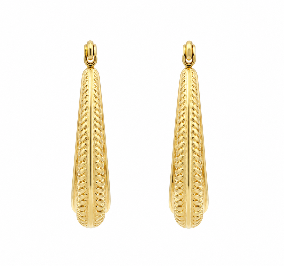 Estate 14K YG textured hoop earrings by Kent Island Jewelry, shown on a white background.
