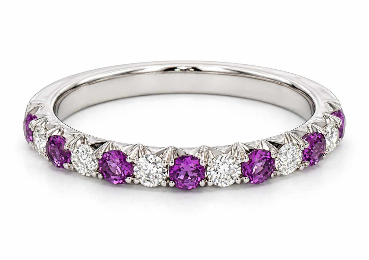 Imagine Bridal 14K white gold ring featuring alternating round amethyst and diamond gemstones on a white background.