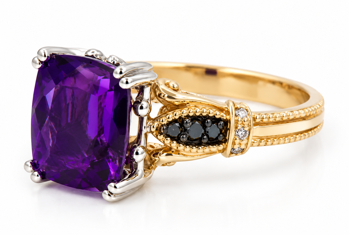A yellow gold ring featuring a large cushion-cut purple amethyst gemstone, accented with silver-colored metal prongs and a channel of small black and clear stones on the band.