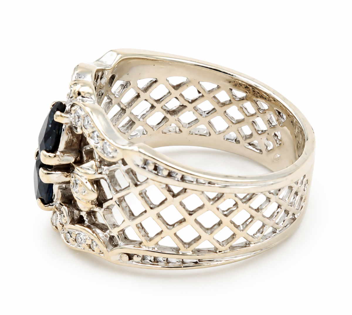 Estate 14k White Gold Diamond & Sapphire Gemstone Wide/Thick Open Work Ring with a dark blue oval sapphire lattice band.