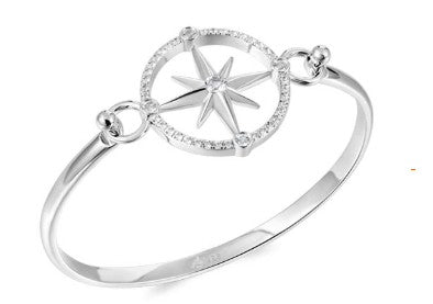 Alamea SS 925 Compass Bangle Topping features a compass rose with clear stones outlining its circular motif.