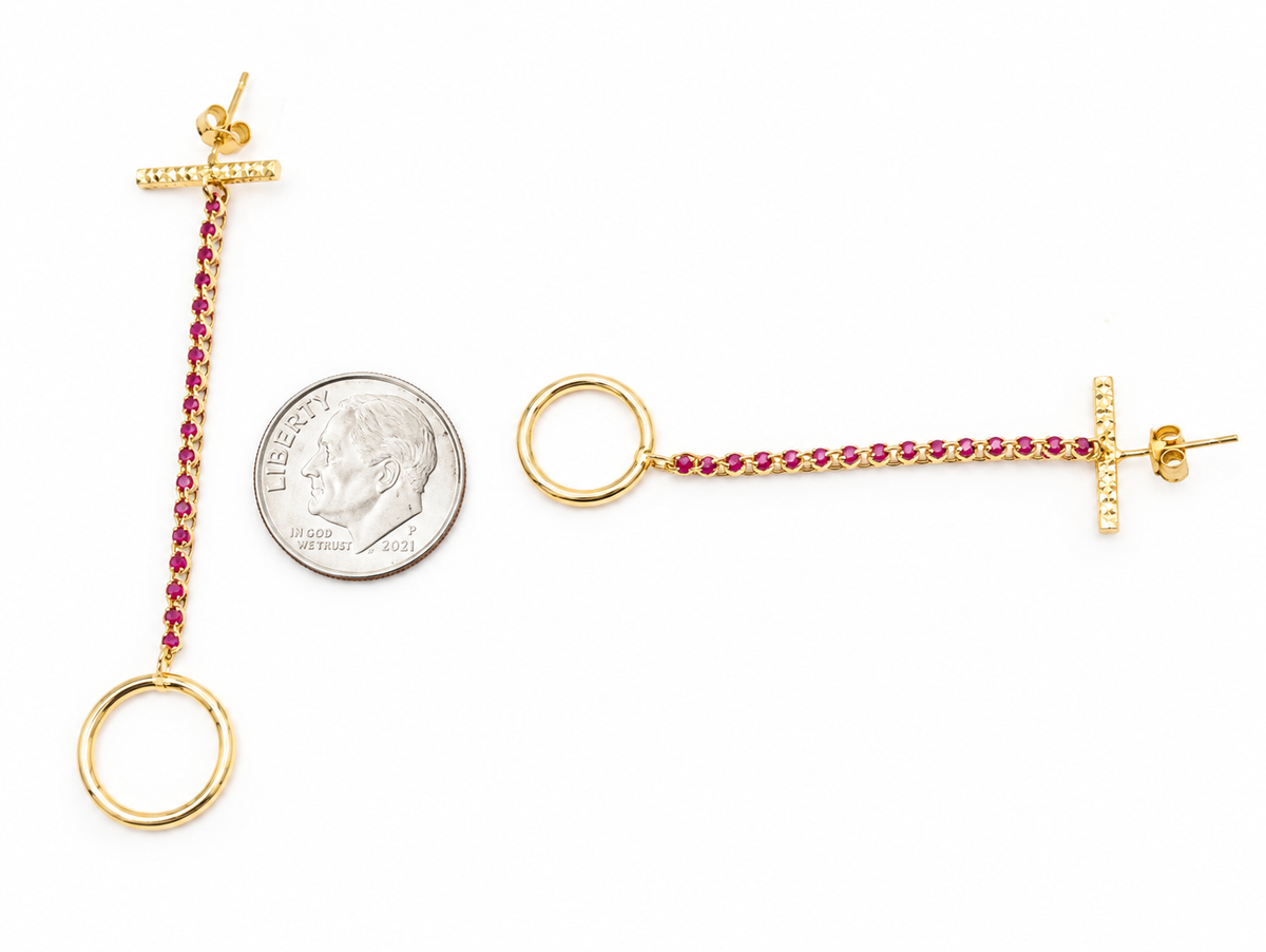 Estate 14k Yellow Gold Ruby Gemstone Dangle/Drop Earrings with a gemstone line and circular charm, shown with a US dime.