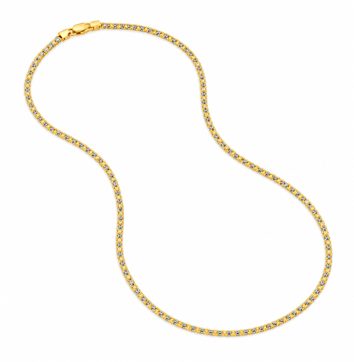 Midas 14K Two-Tone Ice Chain with blue and white gems, shown in a loose S shape on a white background.