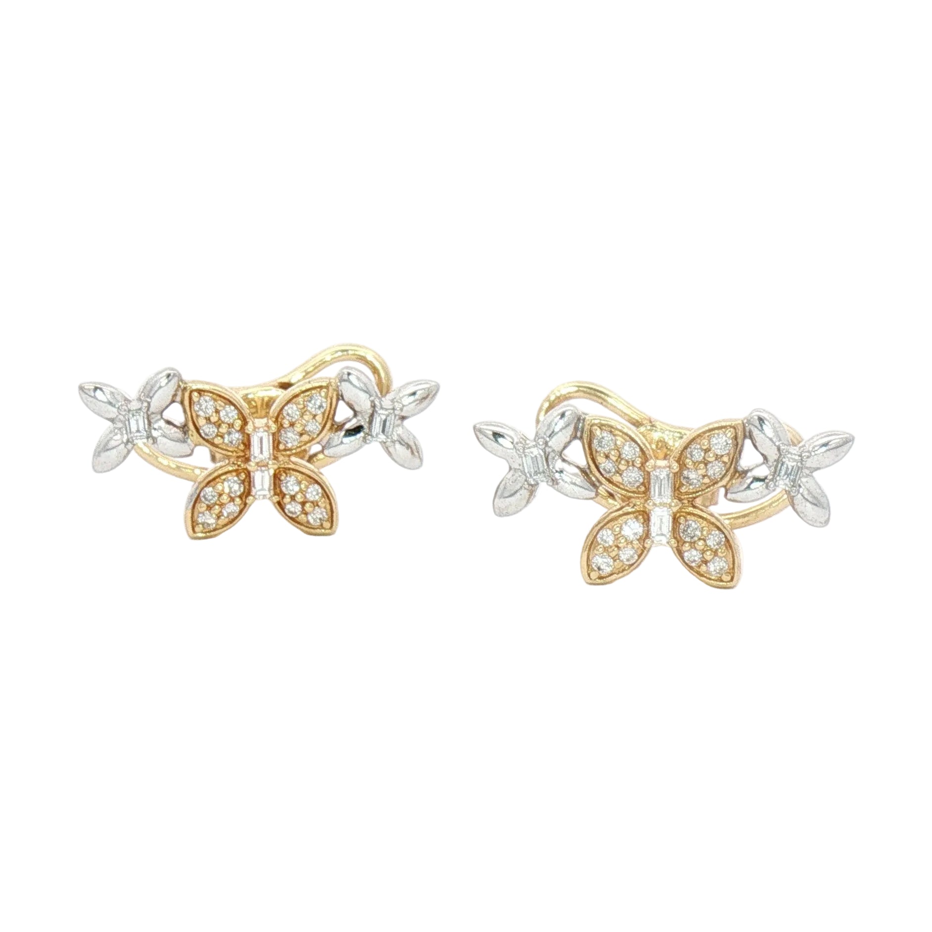A pair of butterfly-shaped stud earrings in two-tone yellow and white gold, featuring pavé-set clear stones on the wings and a central rectangular clear stone, shown on a plain white background.