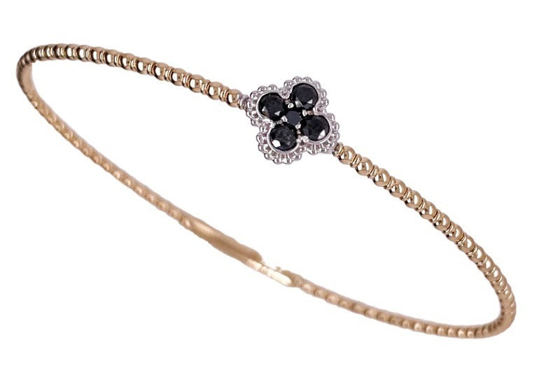 Kent Island Jewelry 14K YG Flex Bangle with black diamonds (0.41ctw), four-petal flower design.