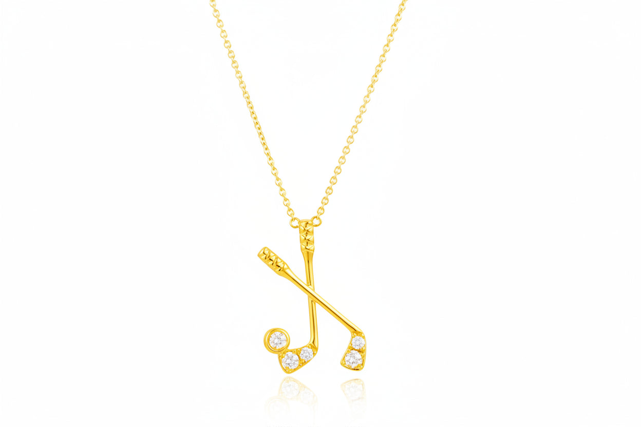 Kent Island Jewelry 14K Yellow Gold Diamond Golf Necklace (0.33ctw) with crossed clubs on a fine chain.