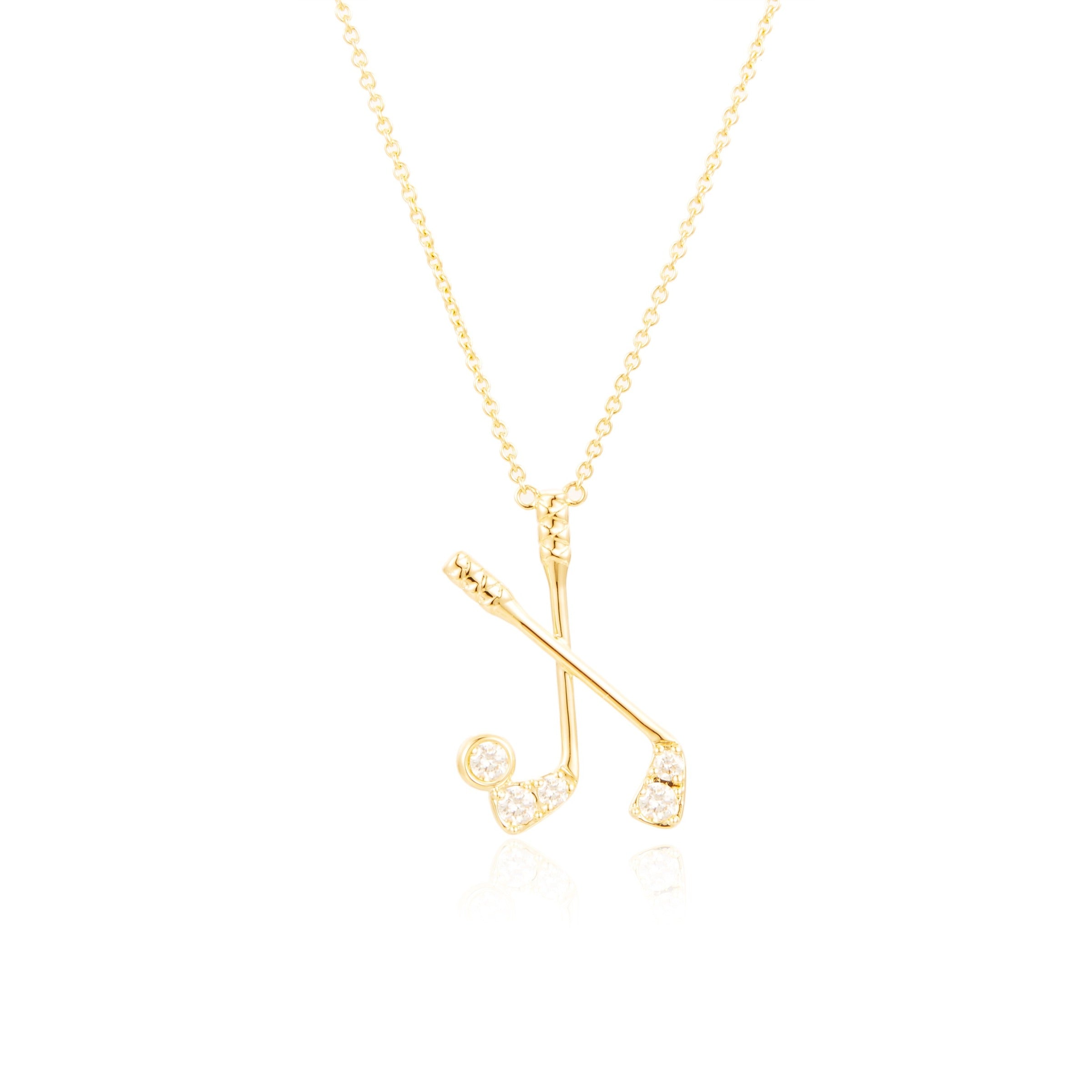 Kent Island Jewelry 14K Yellow Gold Diamond Golf Necklace (0.33ctw) with crossed clubs on a fine chain.