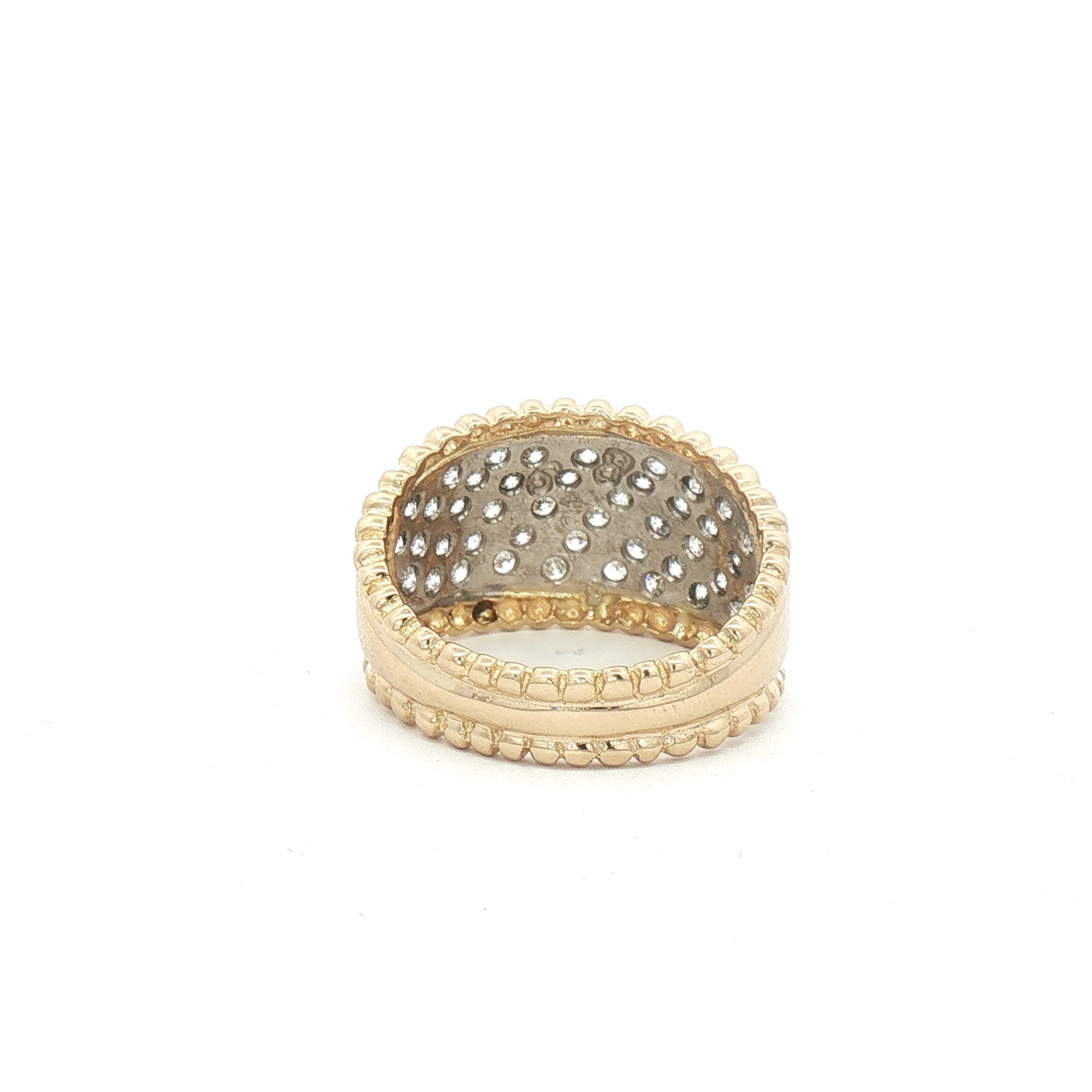 Kent Island Jewelry Cubic Zirconia Pavé Ring in 14K yellow gold, with textured beaded edge, on white background.