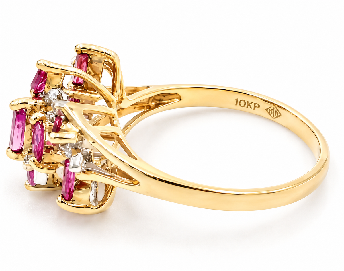Kent Island Jewelry Estate 10k YG diamond (.04tcw) & ruby cocktail ring, 10KP inside band.