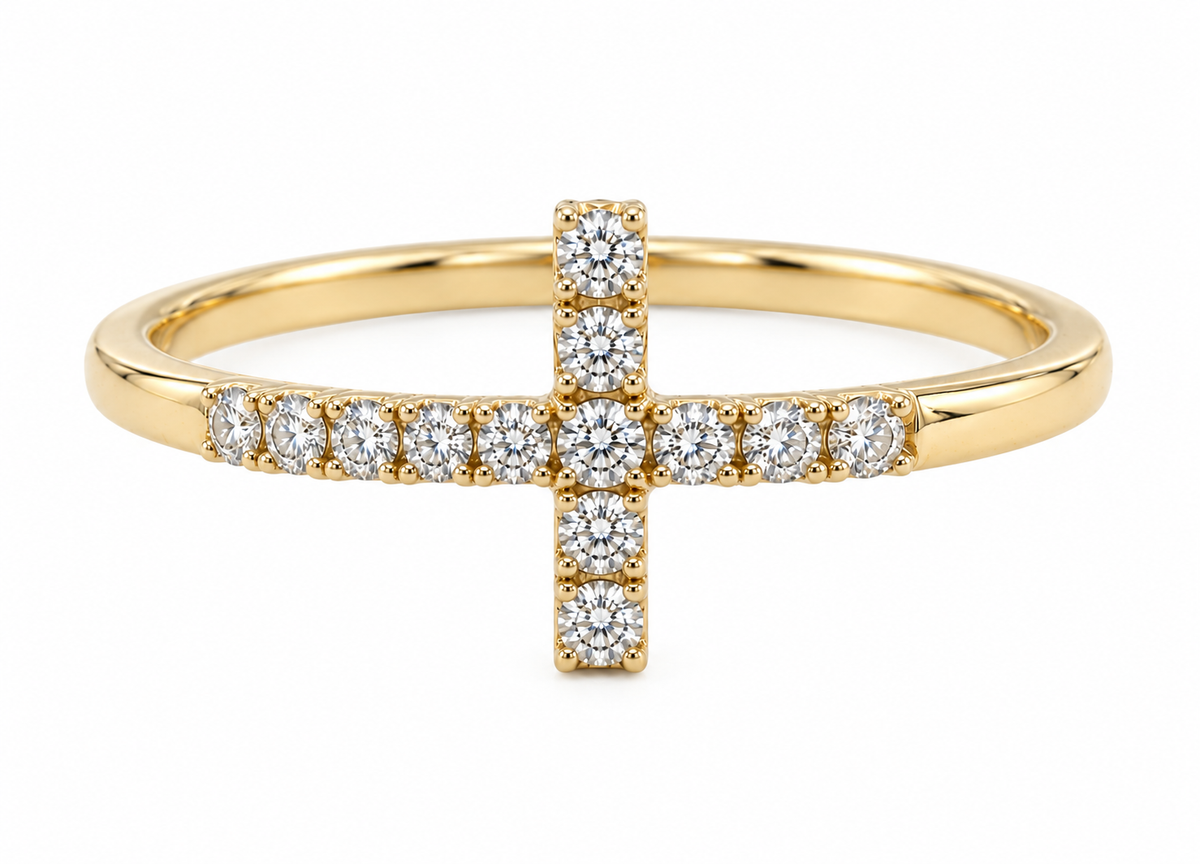 Kent Island Jewelry 14K Yellow Gold Diamond Cross Ring with round diamonds on band and cross for a minimalist look.