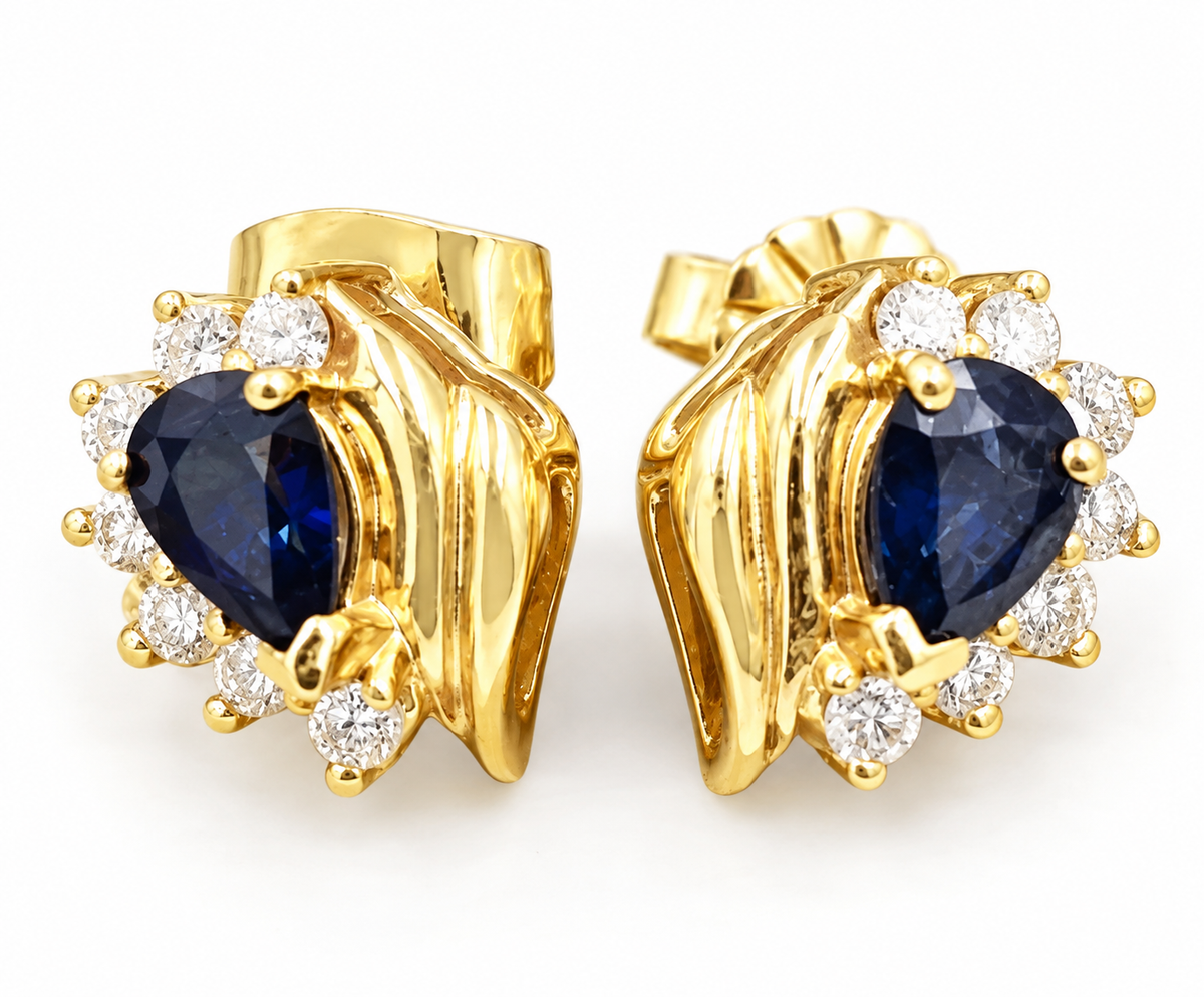 Kent Island Jewelry Estate 14k Yellow Gold Diamond & Sapphire Gemstone earrings with pear-shaped sapphire haloed by diamonds.