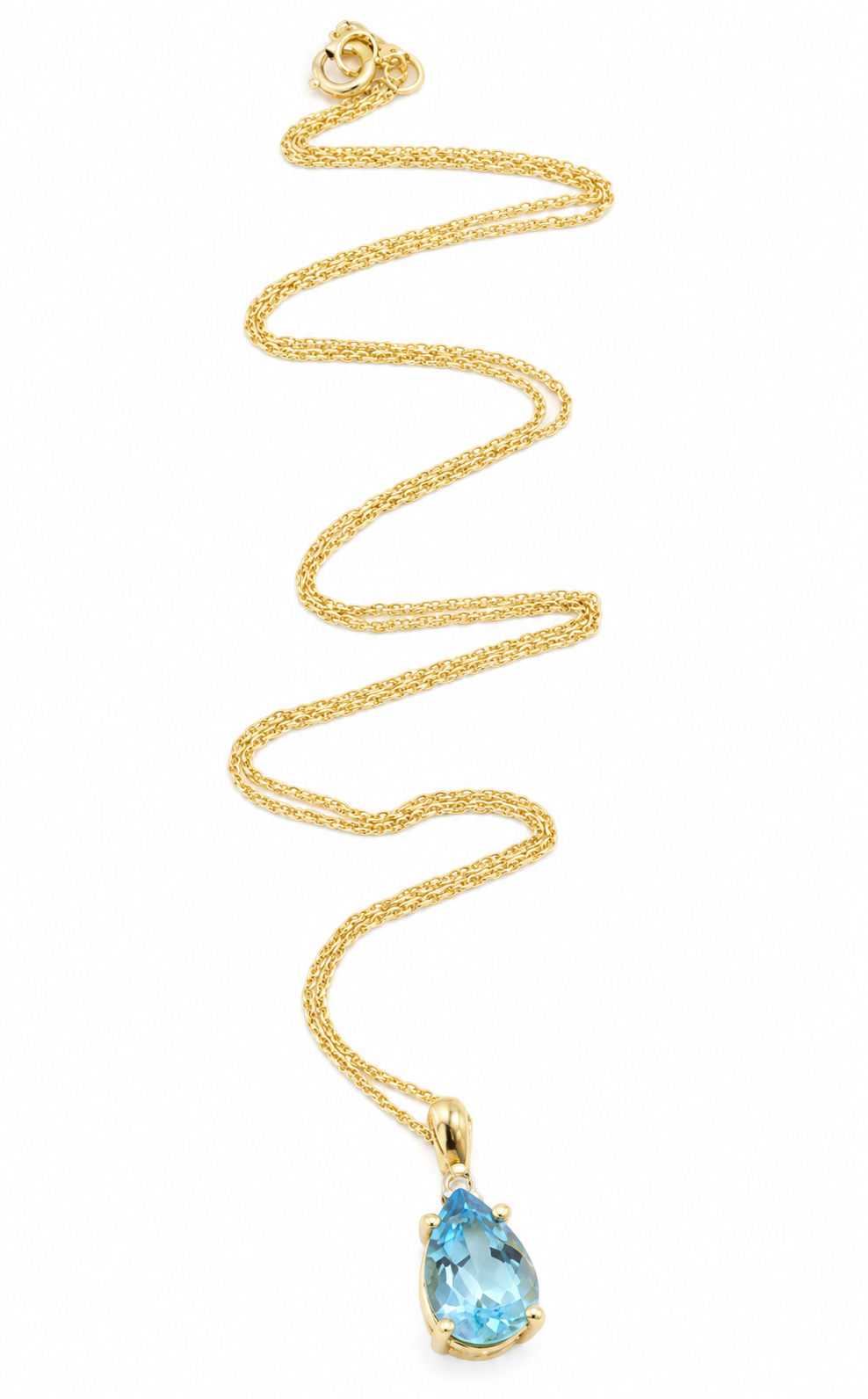 Kent Island Jewelry Estate 10K gold necklace with blue topaz & white sapphire pendant on white background.