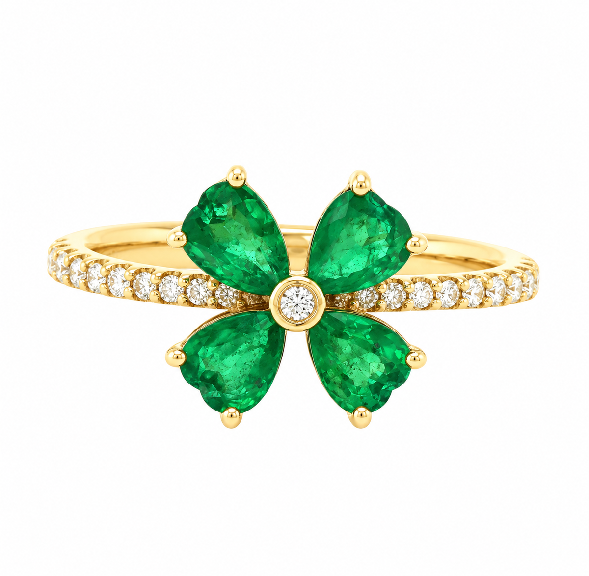 Kent Island Jewelry Estate 14K gold four-leaf clover ring with emeralds & diamond accent.