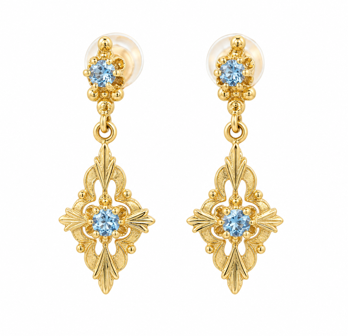 Estate 14K yellow gold aquamarine tour dangle earrings from Kent Island Jewelry shown on white background.