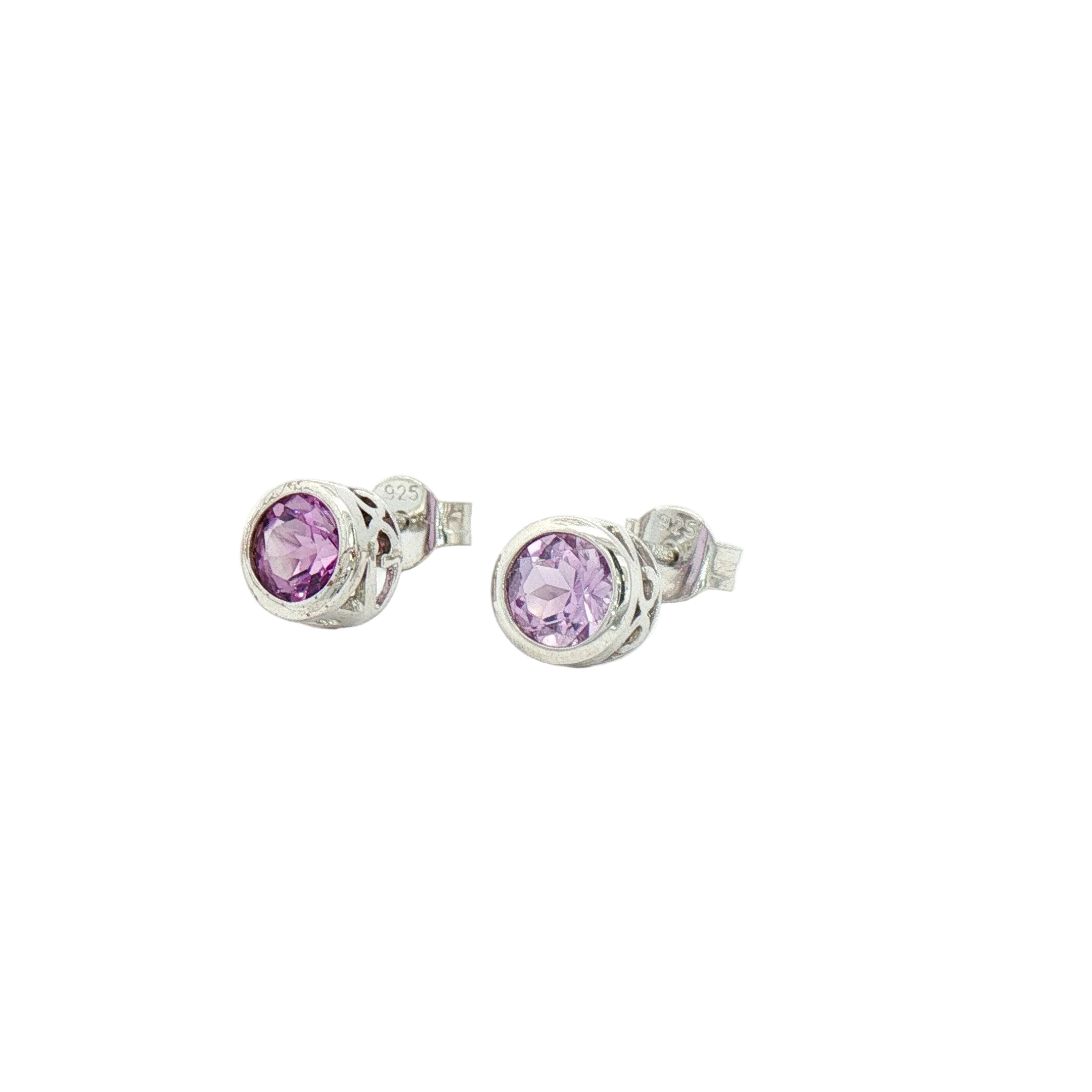 SS Amethyst Birthstone Studs by Kent Island Jewelry feature round faceted light purple amethysts in sterling silver.