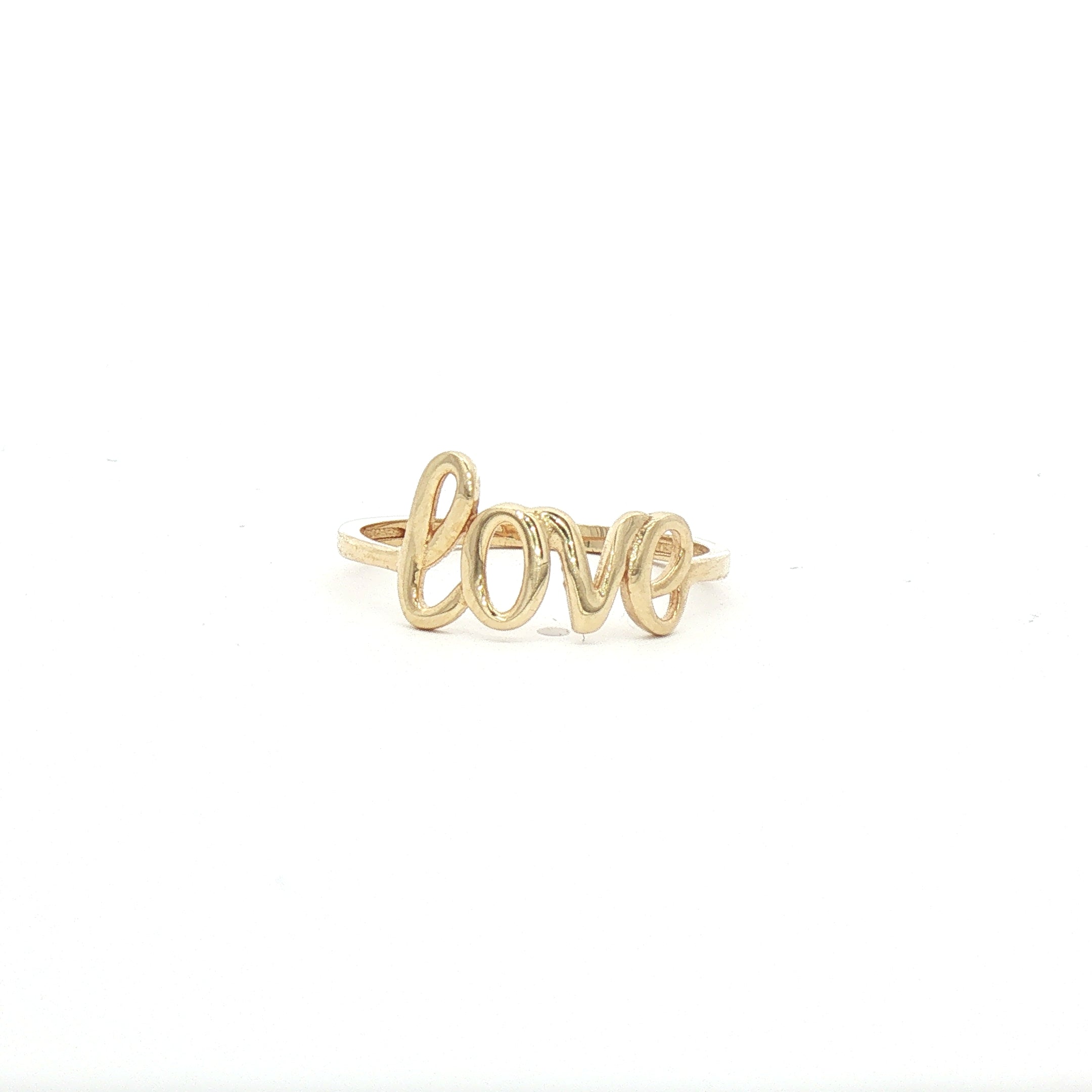 Kent Island Jewelry 14K Yellow Gold Love Ring with cursive script, displayed on a white background.