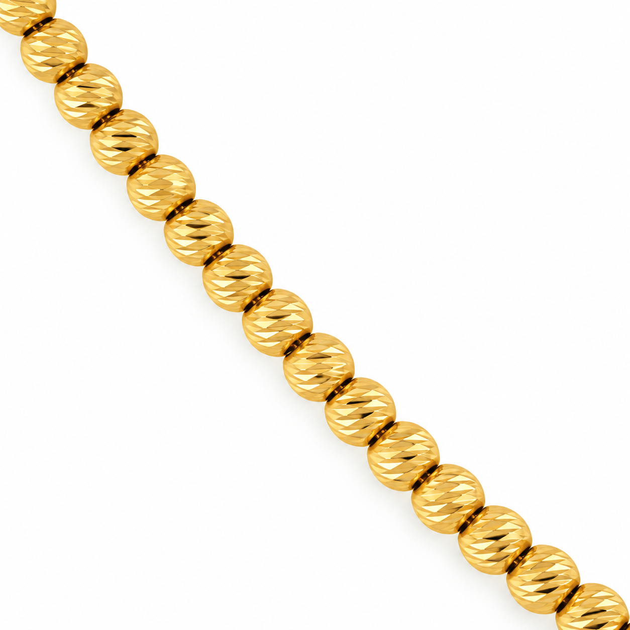 Midas 14K Yellow Gold Textured Shimmering Bead Chain displayed on white forms a sleek, radiant statement necklace.