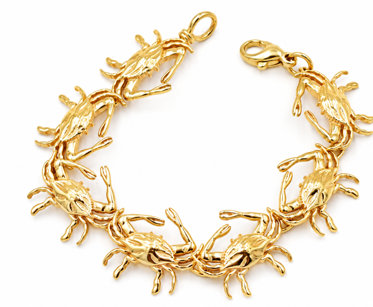Estate 14k Yellow Gold Maryland Crab Chain Link Sea Life Beach Bracelet featuring a continuous chain with a lobster clasp.