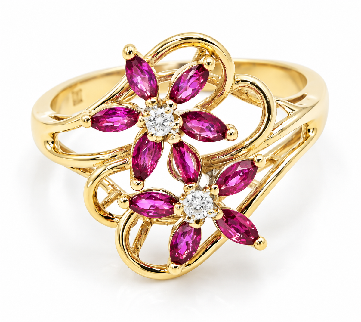 Estate 10k Yellow Gold Diamond & Red Spinel Gemstone Flower Ring featuring two floral motifs with marquise-cut spinels.