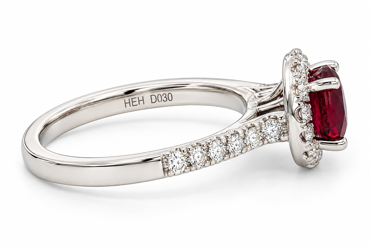 Kent Island Jewelry 14K white gold ring with garnet and diamond halo, featuring an oval January birthstone.