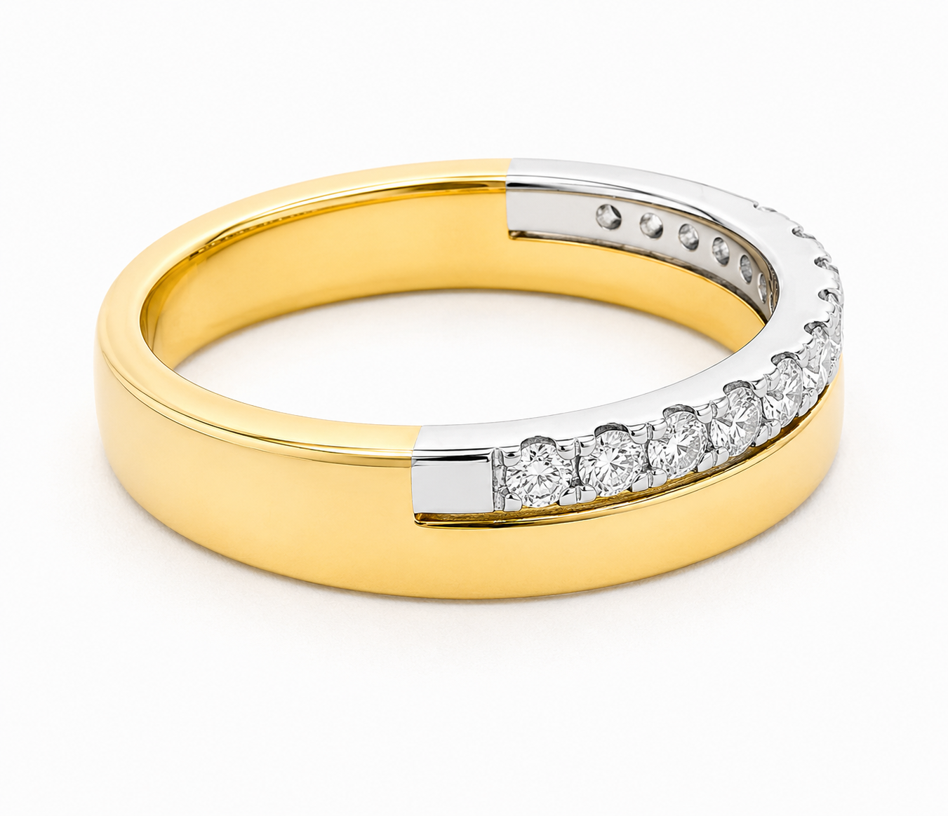 Ostbye 14K Two-tone Diamond Wedding Band with round diamonds and a striking white gold accent.