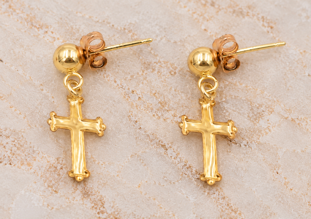 Estate 14k Yellow Gold Cross Dangle/Drop Earrings featuring a small ball stud.
